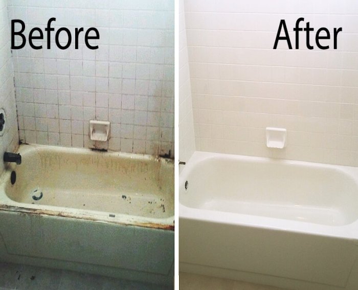 Bathtub refinishing refinish tub reglazing before after look tile fiberglass porcelain refinished repair when take our work cure requires cannot